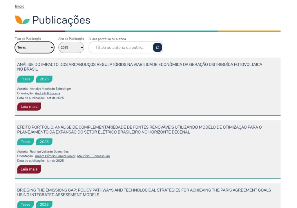 Lista de publicações do PPE com diversos filtros de busca.