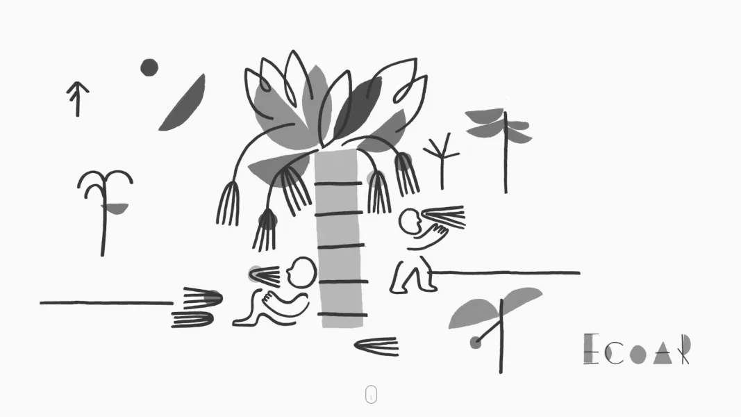 Ilustração de abertura da plataforma ECOAR composta por uma árvore cujos frutos são livros e jovens lendo abaixo de sua copa (versão em preto e branco)