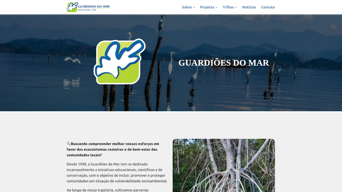 Captura de tela da abertura do site da Guardiões Do Mar