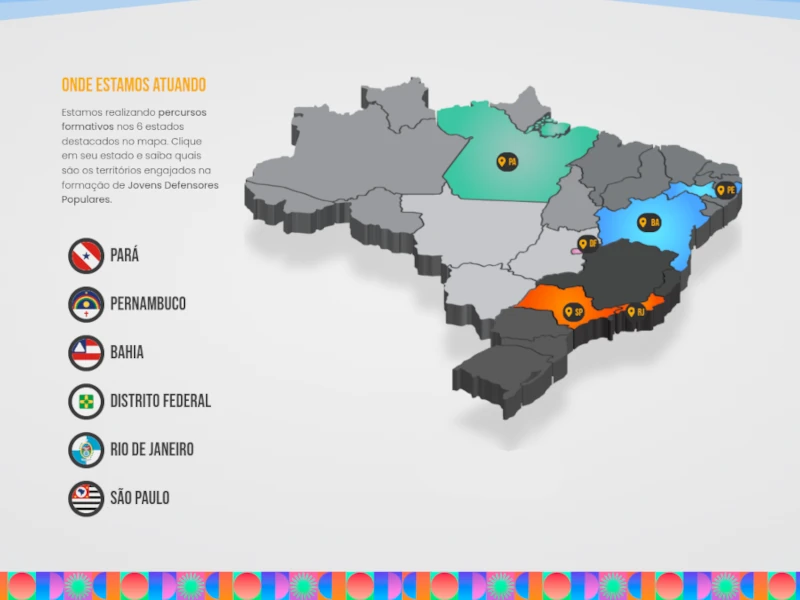 Mapa do Brasil com os estados de Pará, Pernambuco, Bahia, Distrito Federal, Rio de Janeiro e São Paulo em destaque.