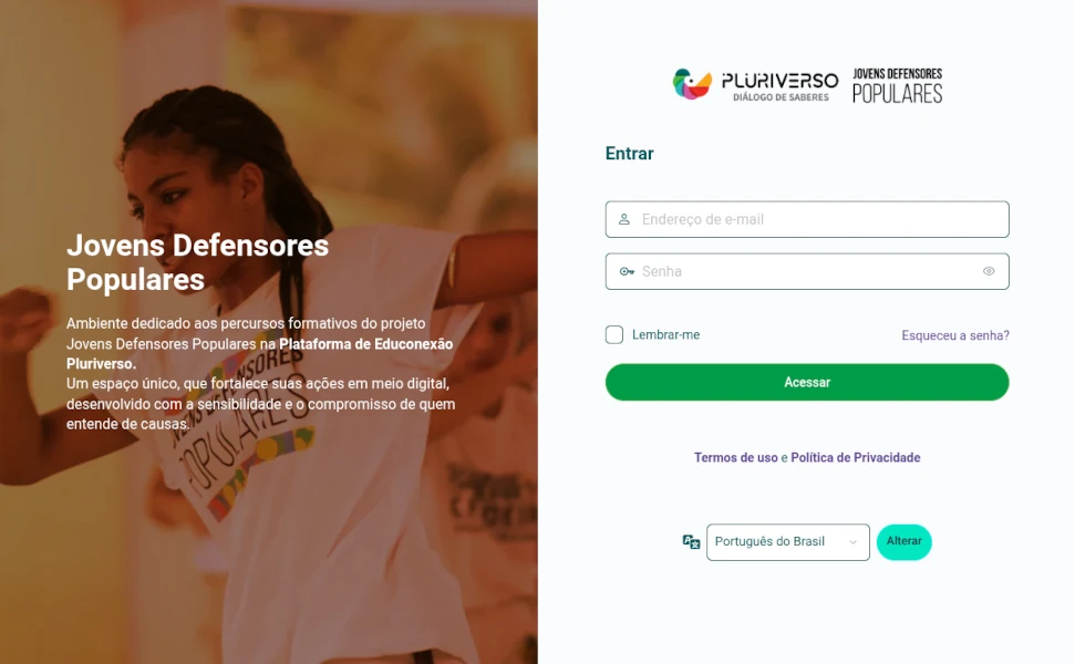 Tela de Login da plataforma dos Jovens Defensores Populares